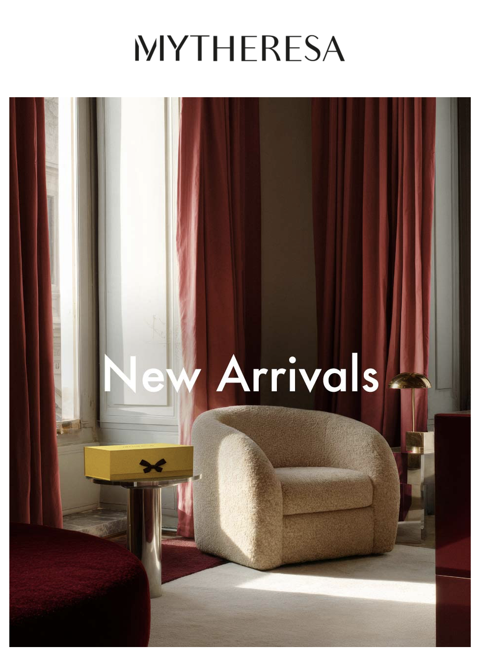 AI Artist Berlin- campaign advertisment image with elegant interior design and a beige lounge chair with red curtains