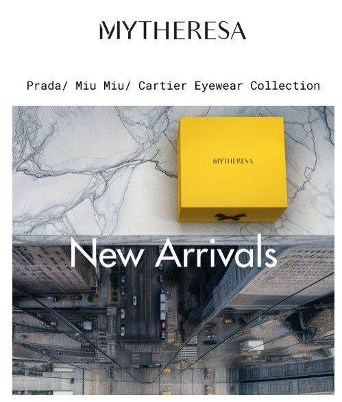 AI Artist Mytheresa Berlin- campaign advertisment image of Urban New York City skyline  yellow mytheresa Box on the ledge of a skyscraper