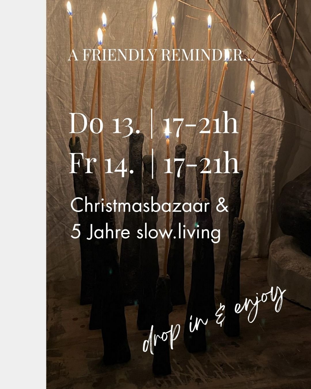 🎄 Ein besonderer Anlass steht bevor! 

13. &amp; 14. November | 11-17 Uhr
Christmas Bazaar bei slow.living

Wir feiern nicht nur die sch&ouml;nste Zeit des Jahres, sondern auch 5 Jahre slow.living! 🎉

Was euch erwartet:
✨ Weihnachtliche Showroom-At