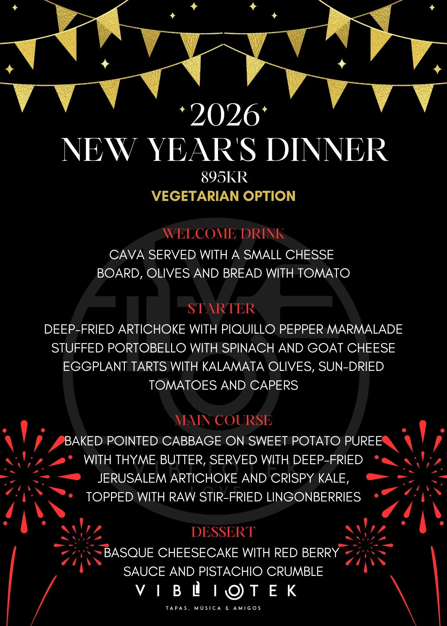 Black New Year's Eve invitation poster with gold and red decorative elements. Details for a 2025 celebration including a dinner menu with vegetarian options, welcome drinks, starters, main course, dessert, and party with DJ at VibroTek, ending at 1:30 AM.