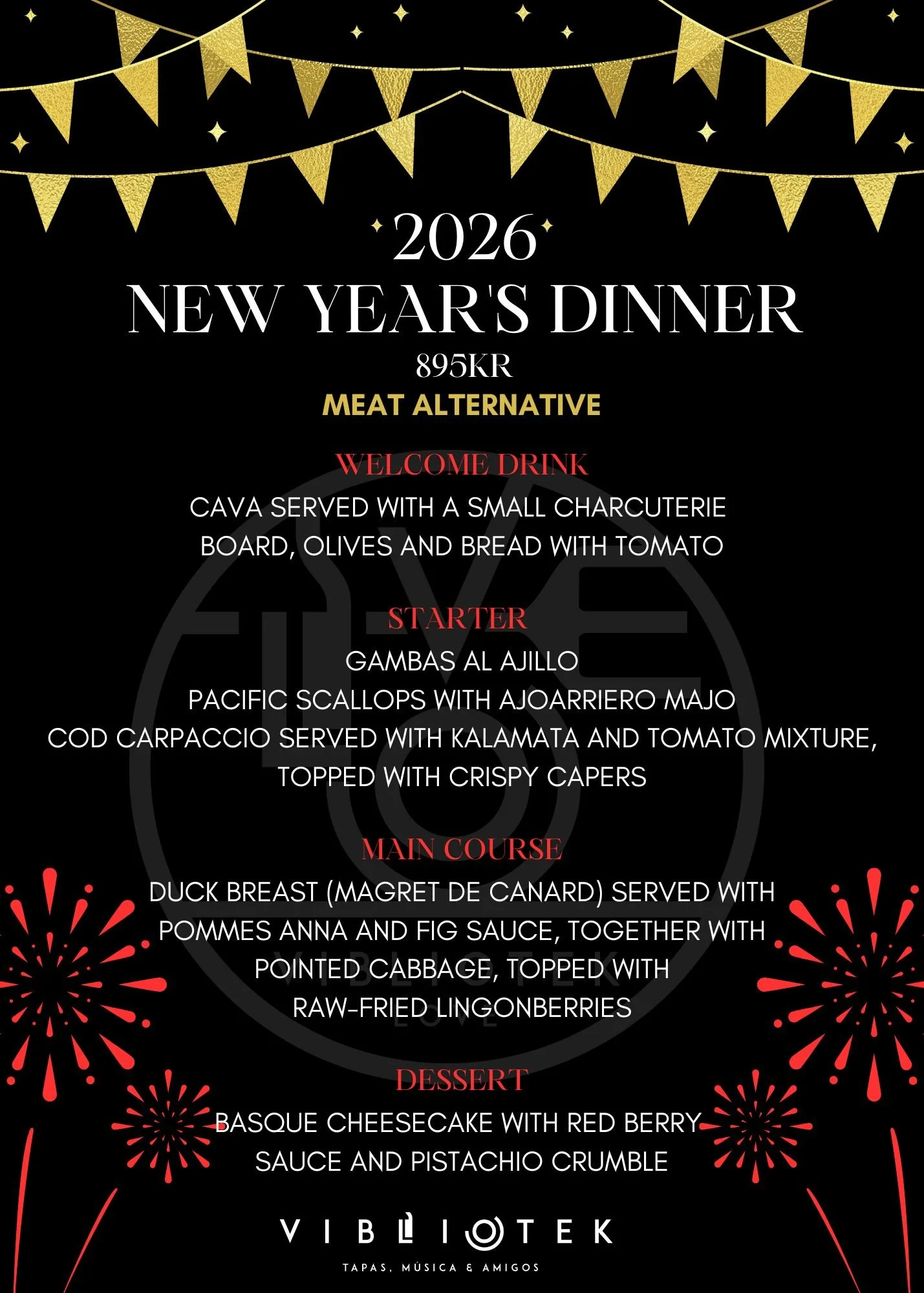 A New Year's dinner event poster for 2025 featuring gold and red decorations, black background, and white and red text detailing the menu and party information.