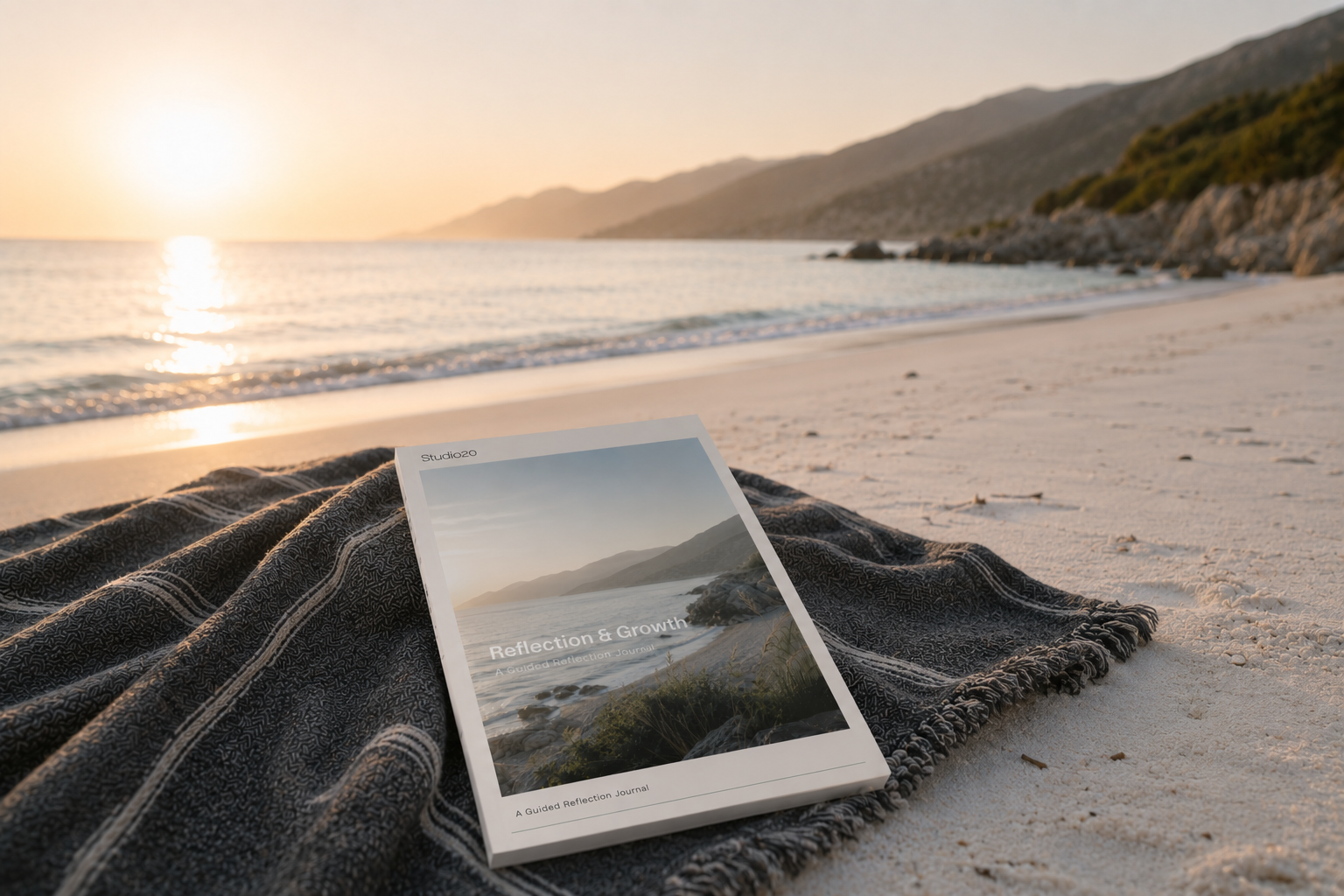 Studio20 reflection and personal growth eBooks displayed on a beach, encouraging self-reflection and meaningful change.