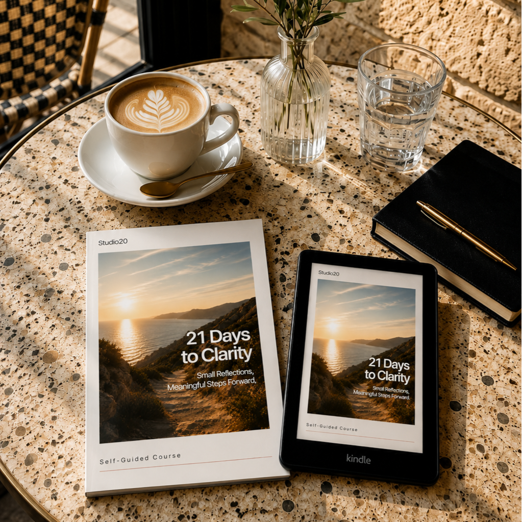 Studio20 - 21 Days to Clarity - journal shown as a printed workbook and digital eBook.