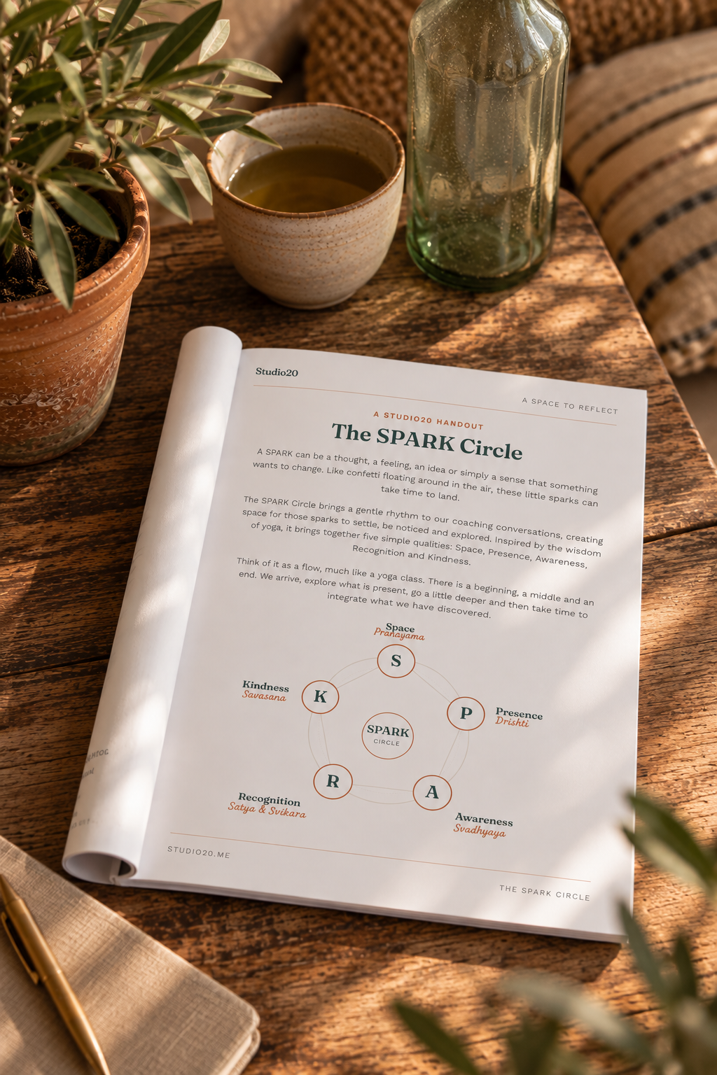 The SPARK Circle, a free coaching reflection resource by Studio20, shown as an open A4 handout on a sunlit wooden table.