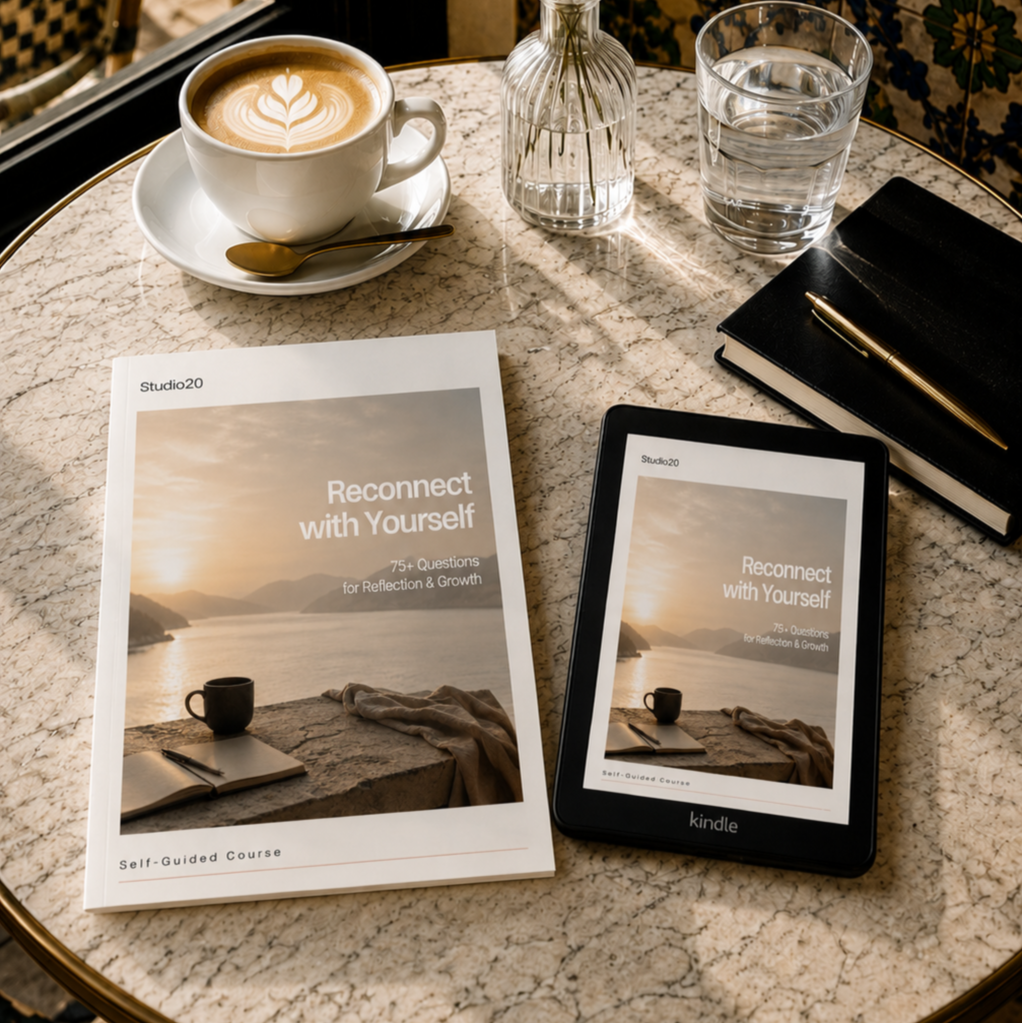 Studio20 - Reconnect with Yourself - journal shown as a printed workbook and digital eBook.