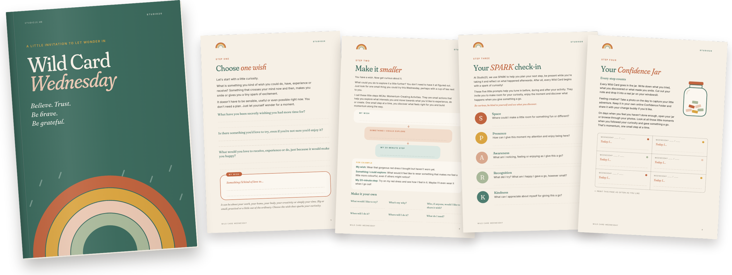 The Wild Card Wednesday cover next to its four step pages: Choose one wish, Make it smaller, Your SPARK check-in and Your Confidence Jar.