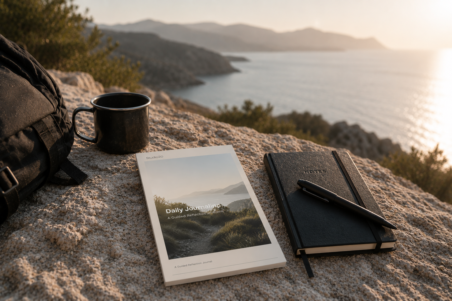 Studio20 daily journaling eBooks in a mountain landscape, promoting guided reflection and personal growth.