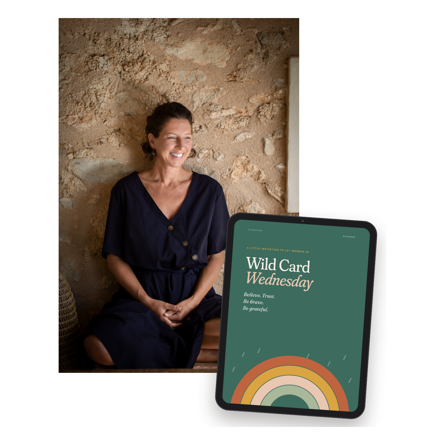Book mock-up of Wild Card Wednesday, a free printable guide from Studio20, with a rainbow on a forest green background and the words Believe. Trust. Be brave. Be grateful.