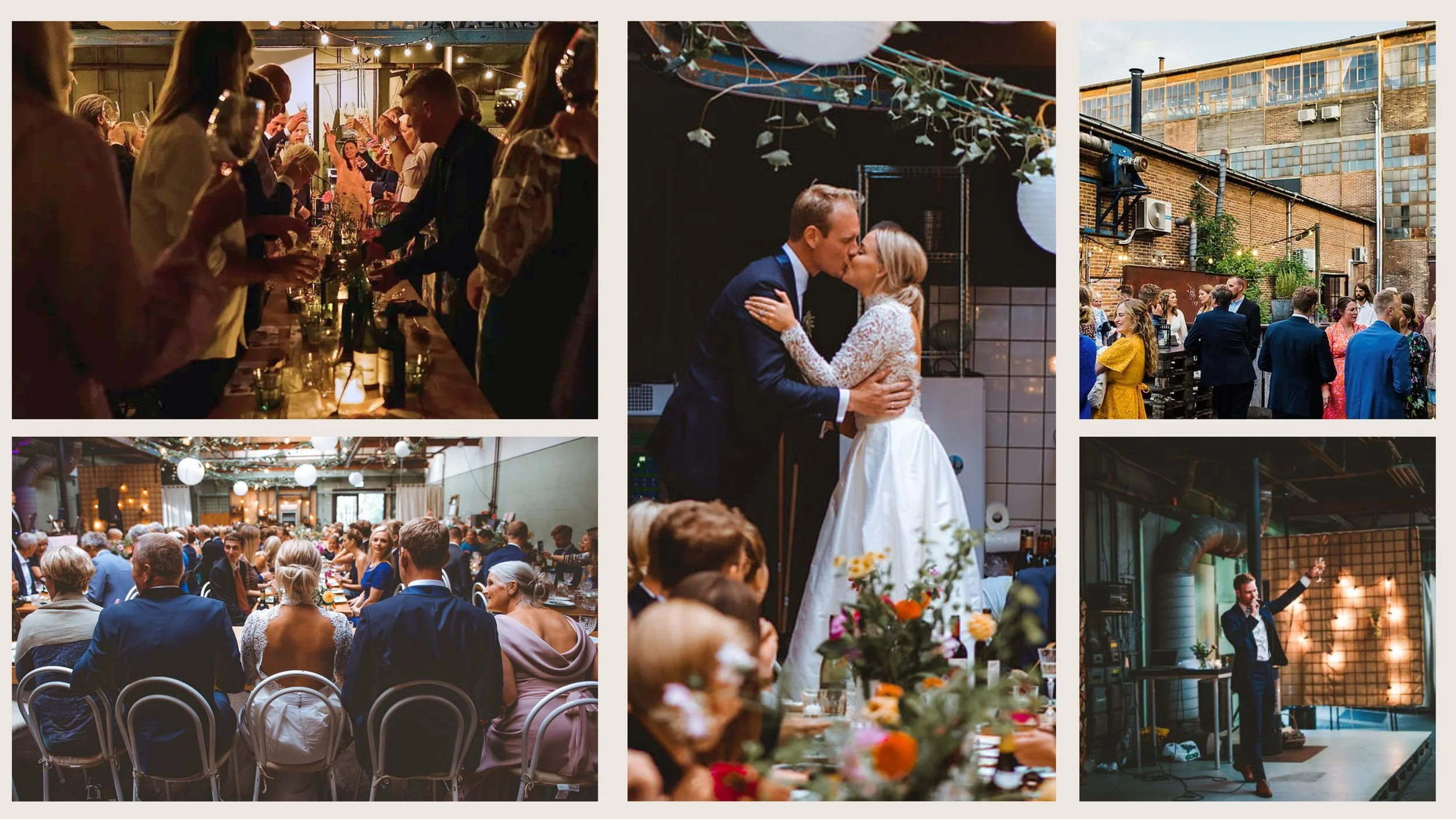 Billeder af en festlig begivenhed, der inkluderer en række mennesker til selskab, et brudepar, der deler et kys, en gruppe mennesker i en have, gæster, der sidder ved et langt bord, og en person, der holder en tale eller præsentation.