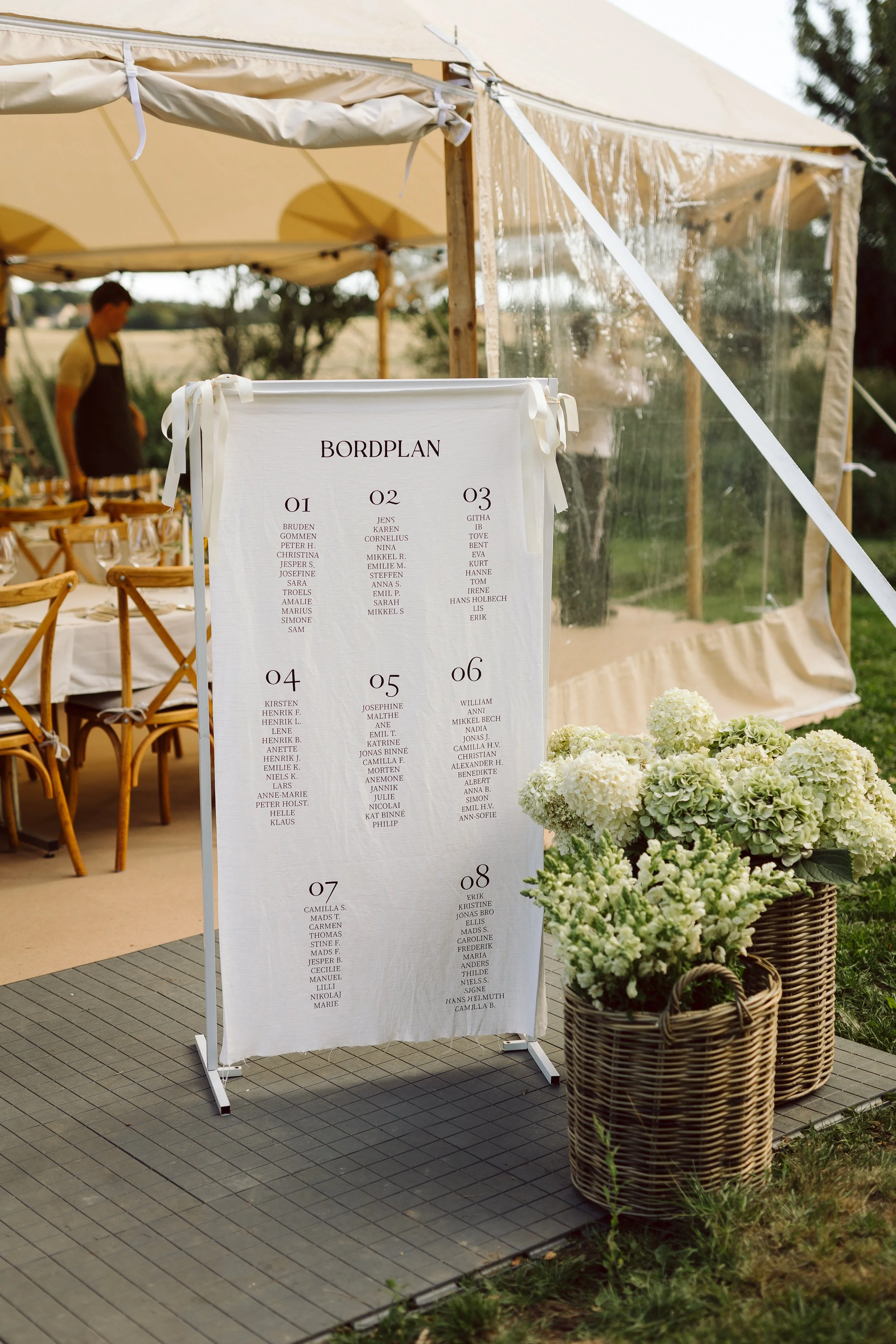 En bordplan for et bryllup, placeret udenfor under en telt, med blomster i kurve foran. Bordplanen viser otte borde med navne på gæsterne listet.
