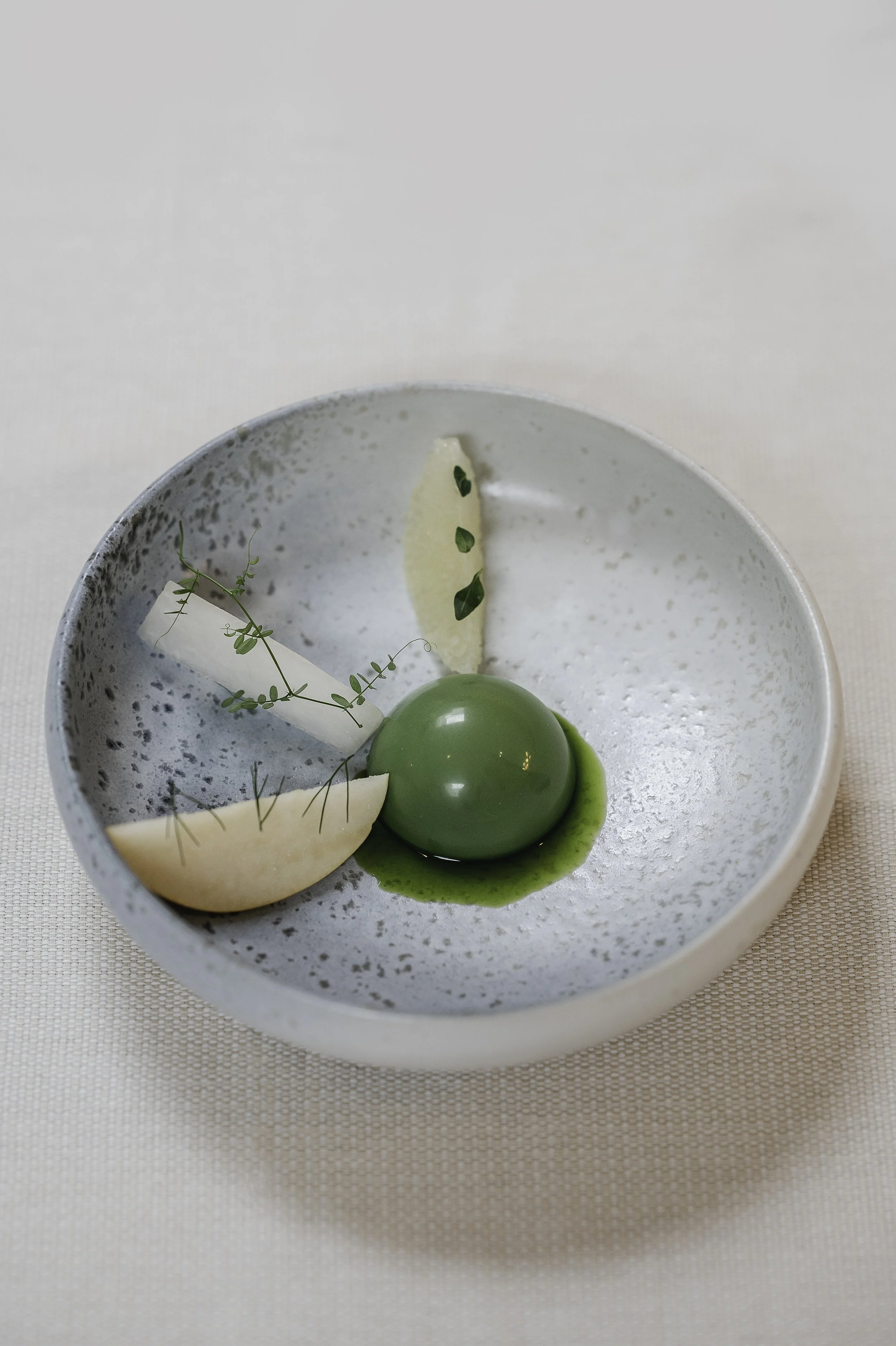 Elegant grøn dessert med grøn glasurballon, serveret med hvid chokolade, friske krydderurter, citron og grøn sauce i en grå skål.