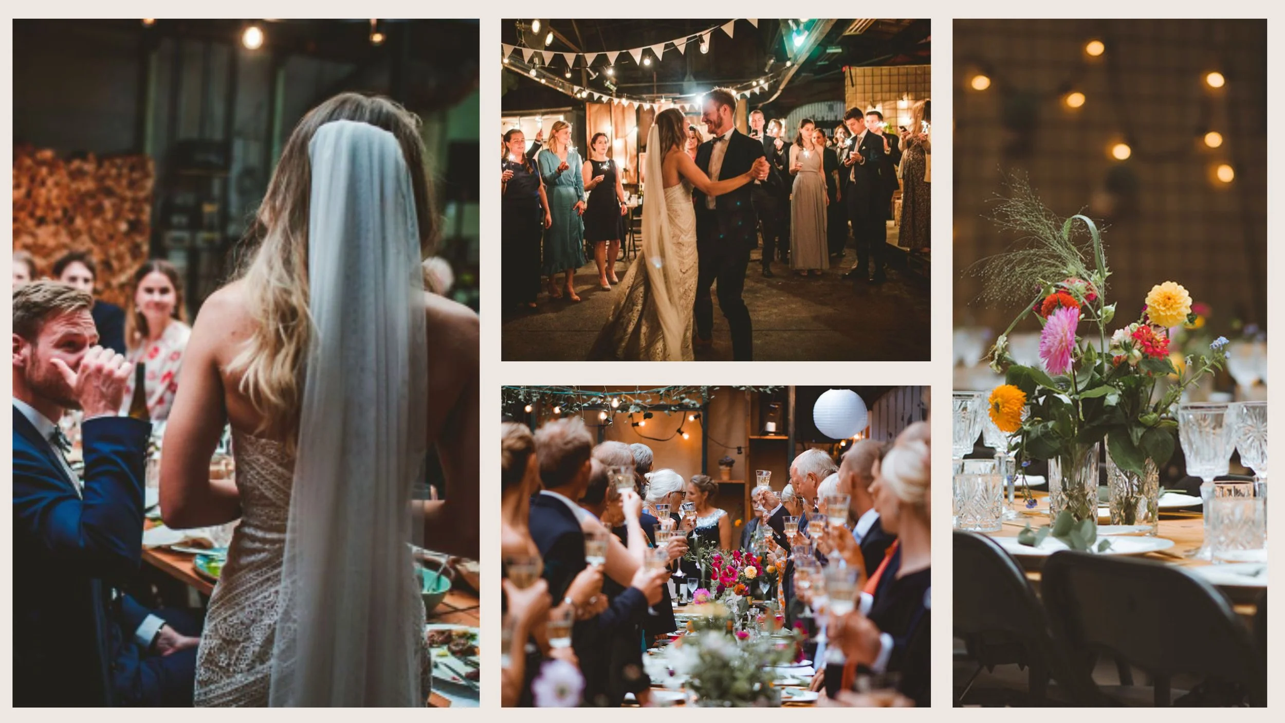 Billedet viser en bryllupsfest med flere scener. Den første scene til venstre viser en brud med blondt hår, set forfra, der står foran en mand ved et bord. Den midterste scene viser en dans mellem bruden og gommen, omgivet af gæster, der er pyntede med flagguirlander. Den nederste scene viser en gruppe gæster til middagen, som sidder ved et langbord dekoreret med blomster. Højre side viser en vase med farverige blomster.