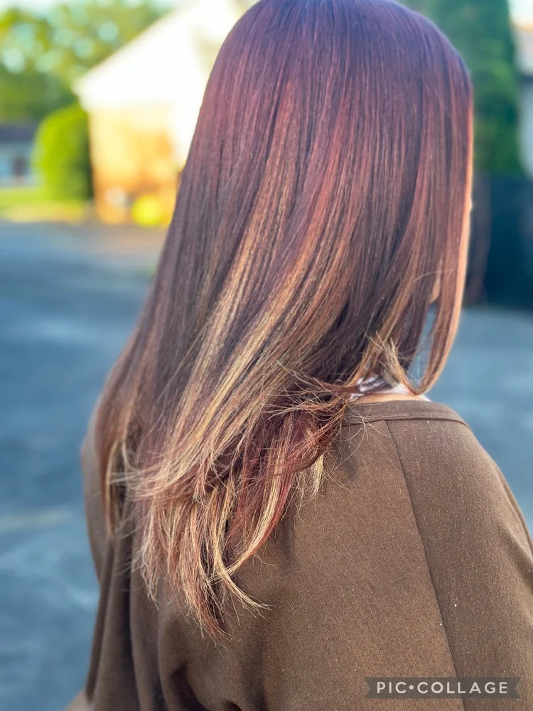 Long copper balayage, styled straight