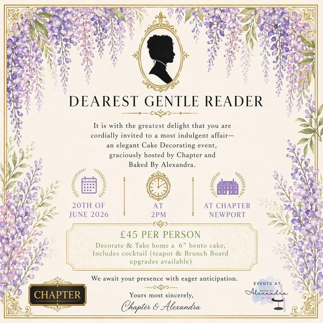 DEAREST GENTLE READER ✨
Join us for an afternoon of artistry and charming company, where delicate sponges shall be adorned, icings shall flourish, and creativity shall reign supreme. Whether you possess a steady hand or simply a fondness for sweet de