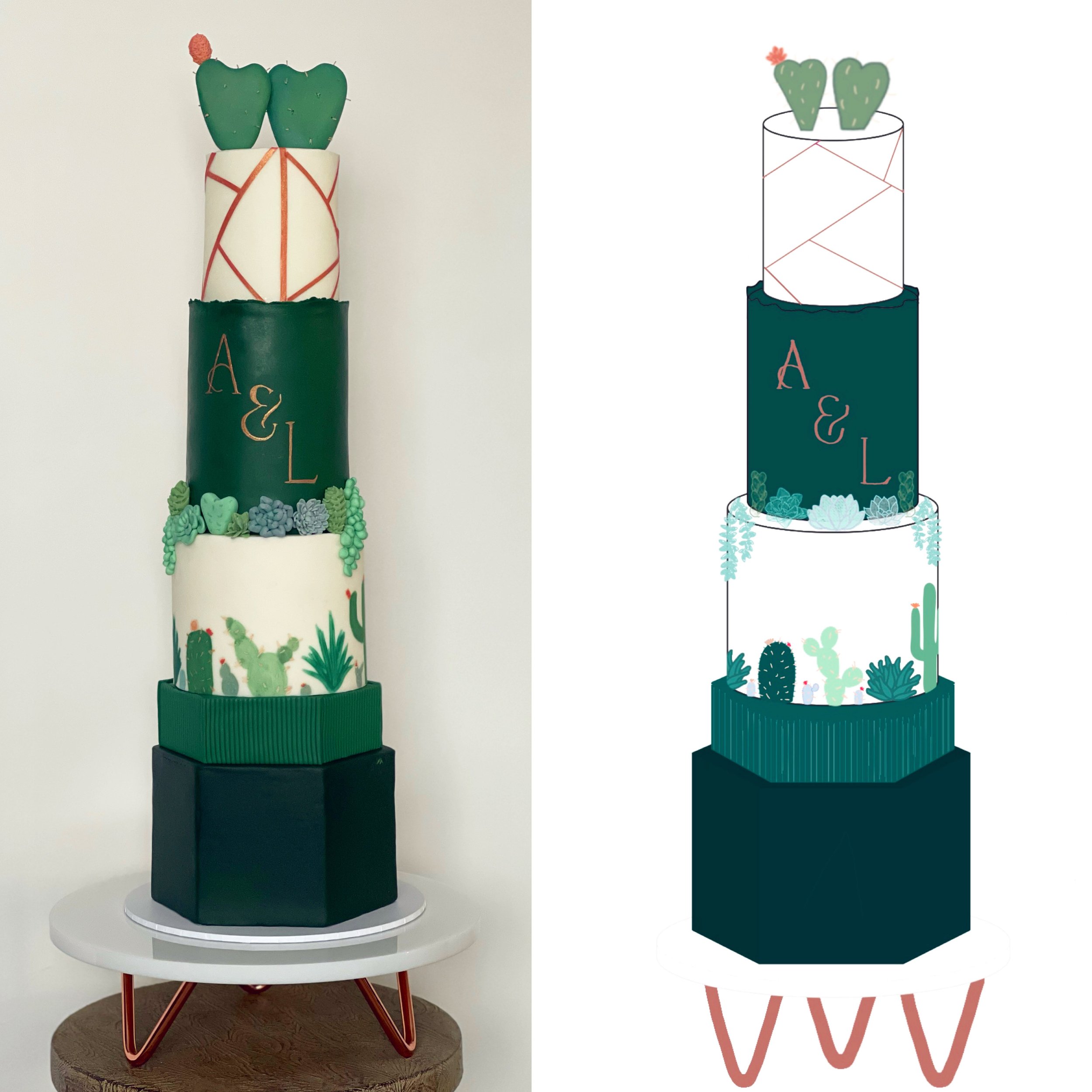 Tall cake inspired by cacti with green and white tiers, decorated with succulents and geometric patterns. Includes initials A & L.