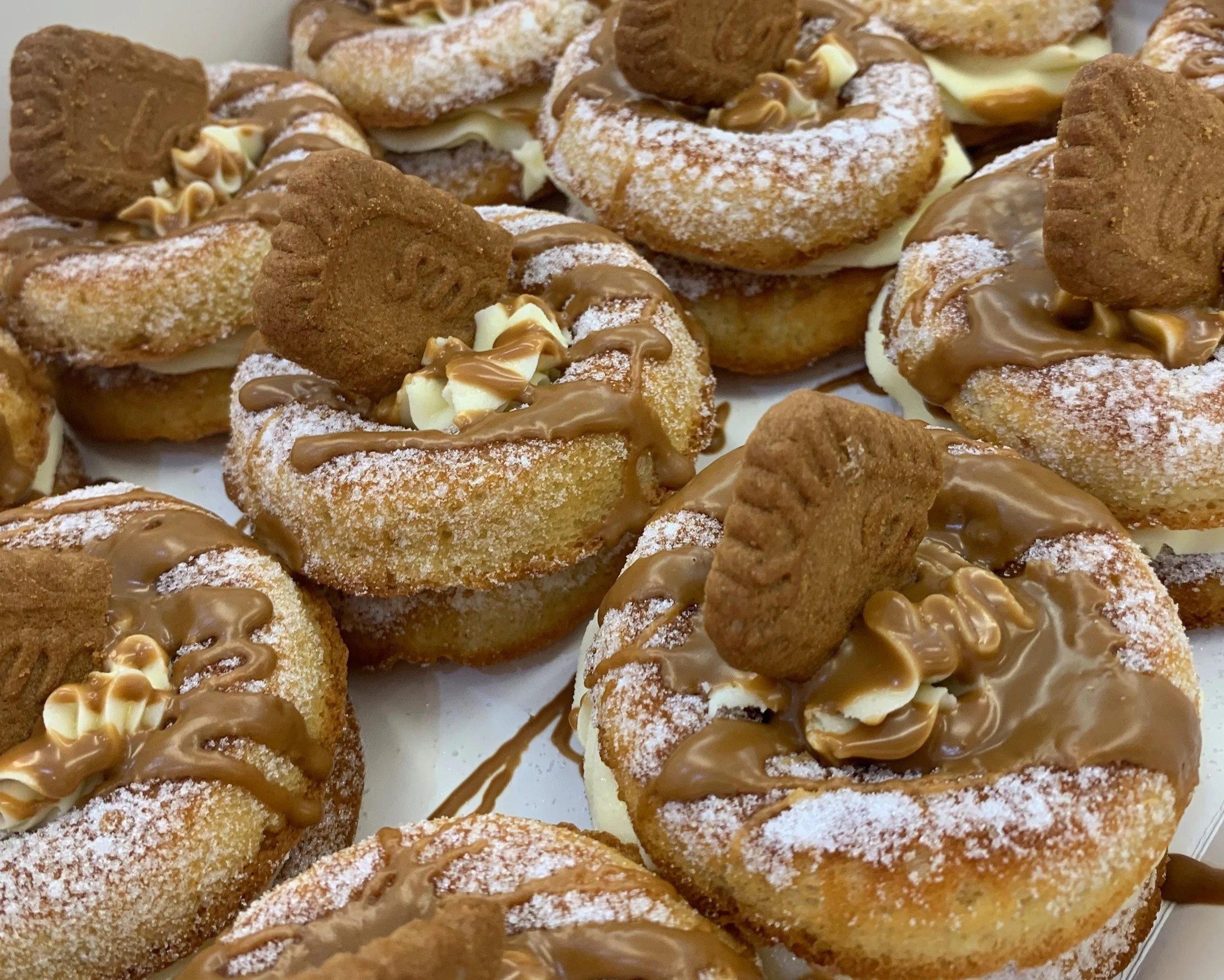 Oven-Baked donuts topped with buttercream, Biscoff drizzle, and Biscoff cookies.