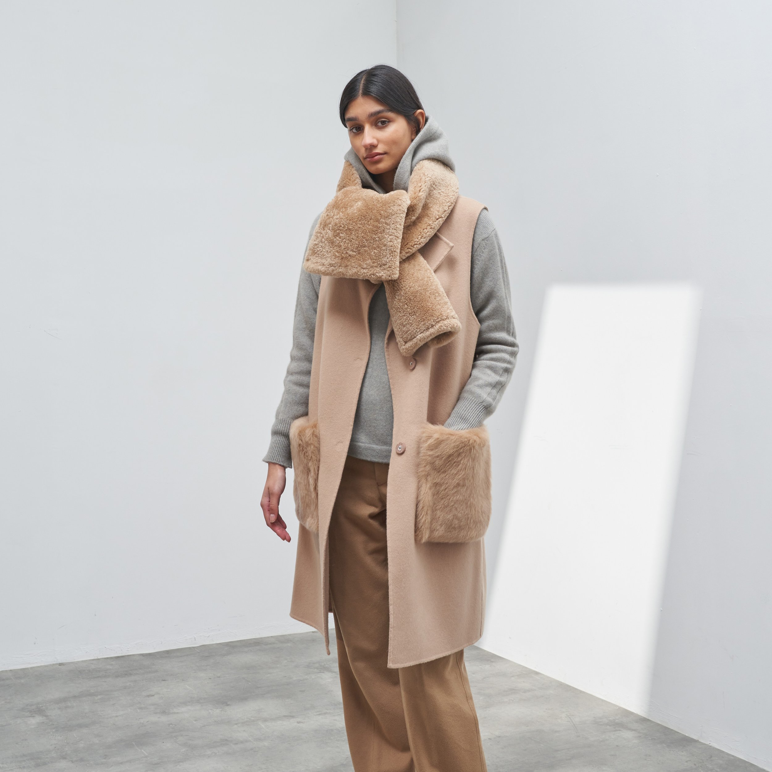 Long Wool Gilet With Detachable Cashmere Touch Shearling Pockets