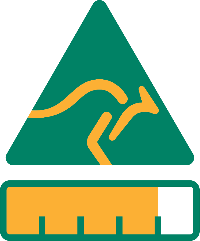 Green triangle with an abstract orange kangaroo, above a yellow and white ruler.