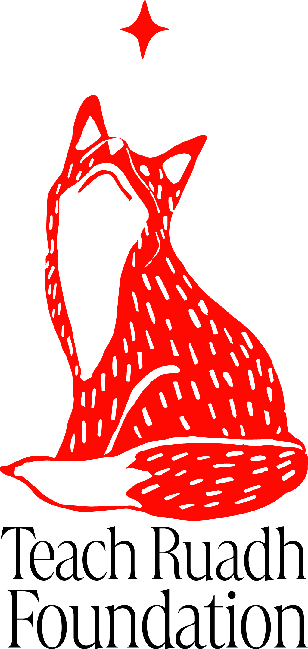 A stylized red fox sitting with its tail curled around its body, with a white chest and a red star above its head.