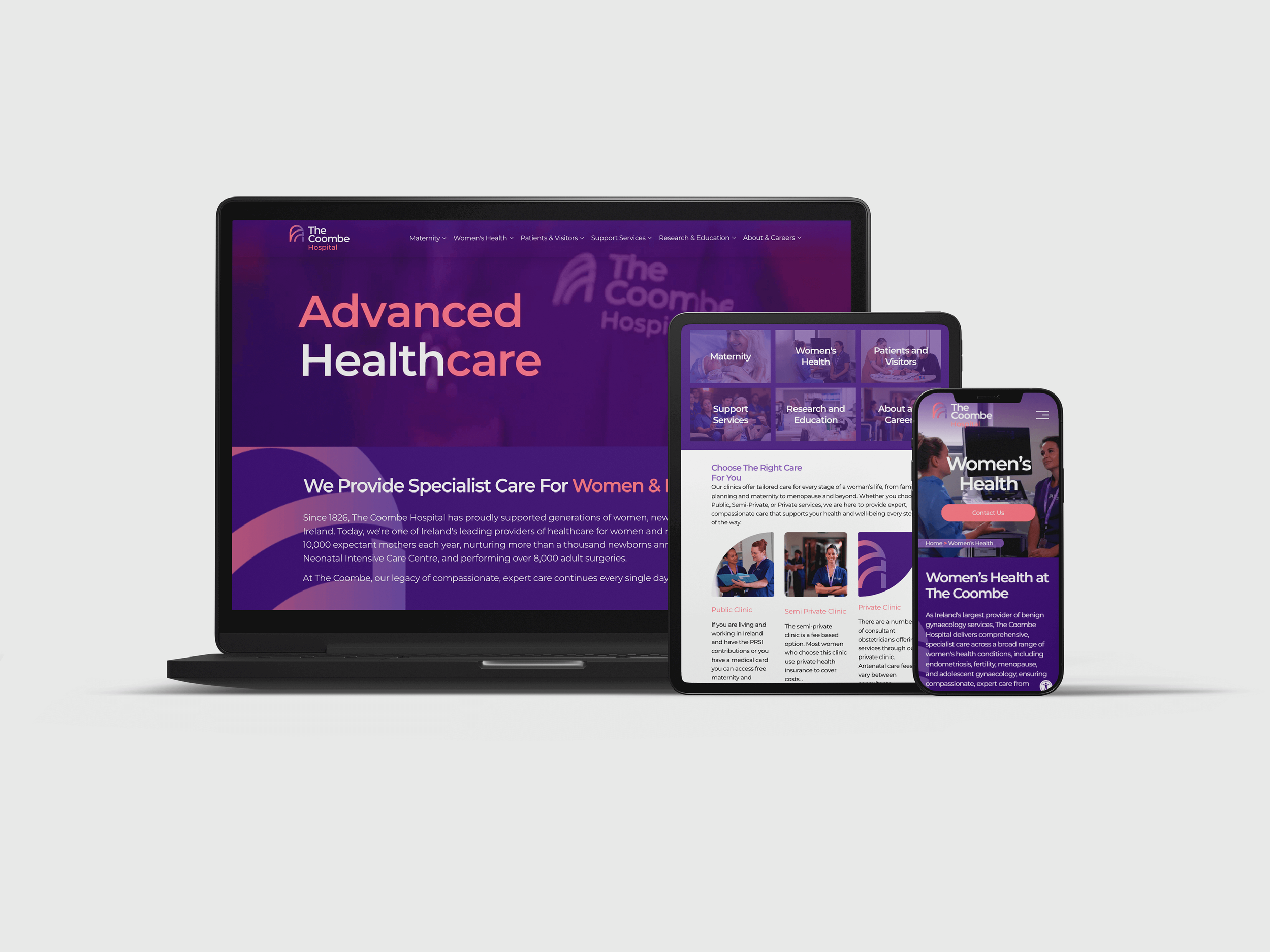 Responsive healthcare website displayed on a laptop, tablet, and smartphone, featuring colorful interface and text about women's health services at The Coombe Hospital.