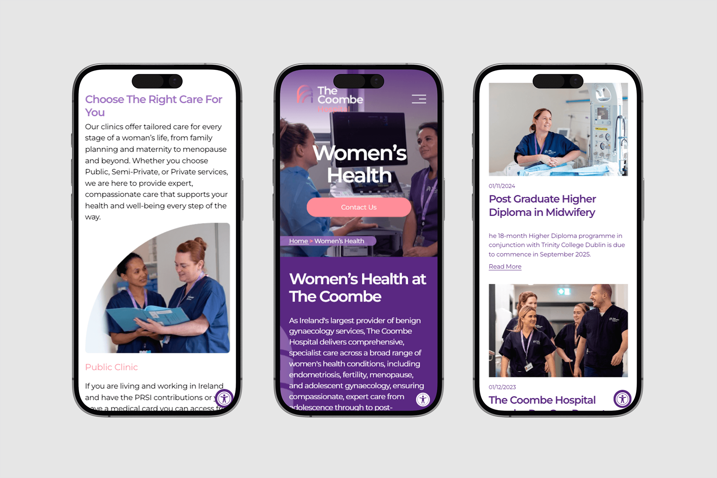 Three smartphones displaying a women's health hospital website, with images of healthcare practitioners and articles about medical programs.