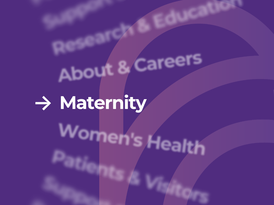 Section of a website menu with 'Maternity' highlighted in white text on a purple background.