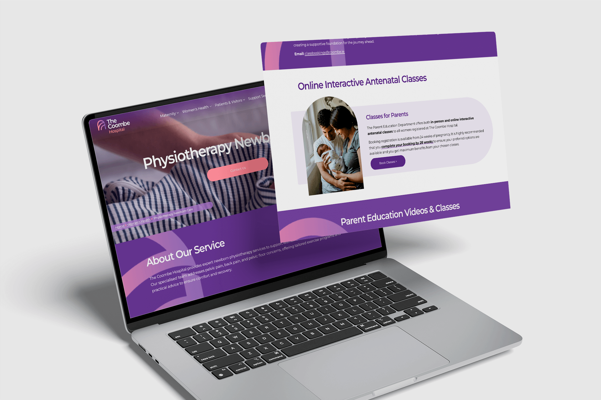 Laptop displaying a website for The Coombe Hospital, with pages about physiotherapy services and online antenatal classes, featuring purple-themed design and a photo of a parent and child.