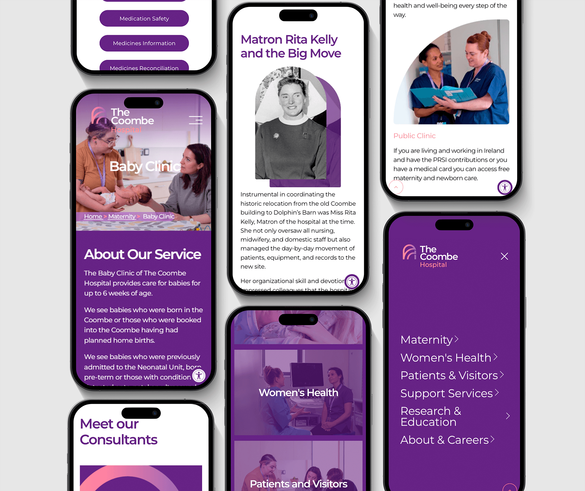 Multiple mobile phones displaying a healthcare website with sections on maternity, women's health, patients and visitors, support services, research and education, and about and careers. The screens show images of healthcare professionals and a baby clinic at The Coombe Hospital, with purple and white color themes.