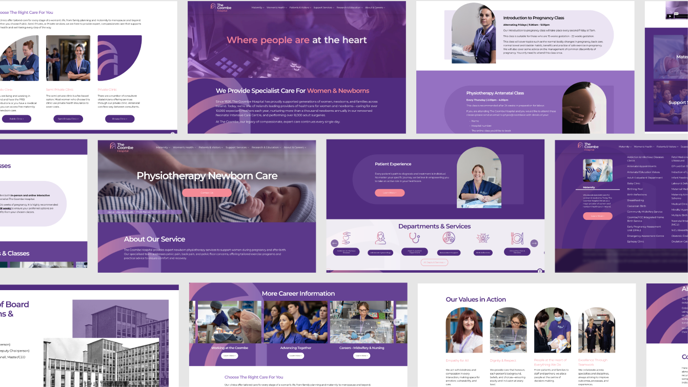 A series of website screenshots for The Coombe Hospital showcasing various sections including services for women and newborns, patient experience, departments, staff roles, career opportunities, values, and education, with a consistent purple and white color theme.