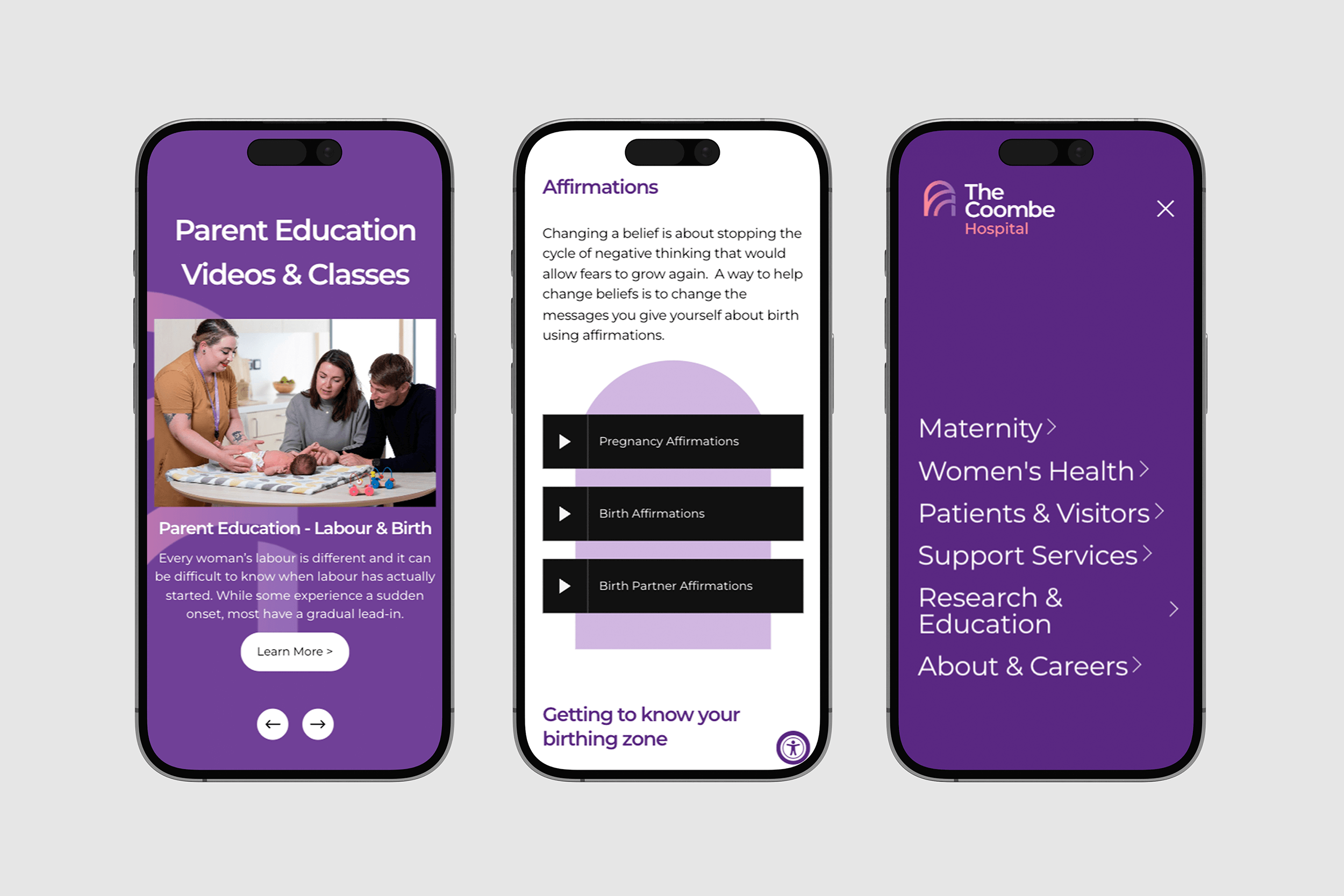 Three smartphones displaying a healthcare app with purple theme. The left screen shows a parent education section with a family and a baby, titled 'Parent Education - Labour & Birth.' The middle screen shows affirmation categories for pregnancy, birth, and partner affirmations. The right screen shows the app menu with options for maternity, women's health, patients and visitors, support services, research and education, and about and careers.