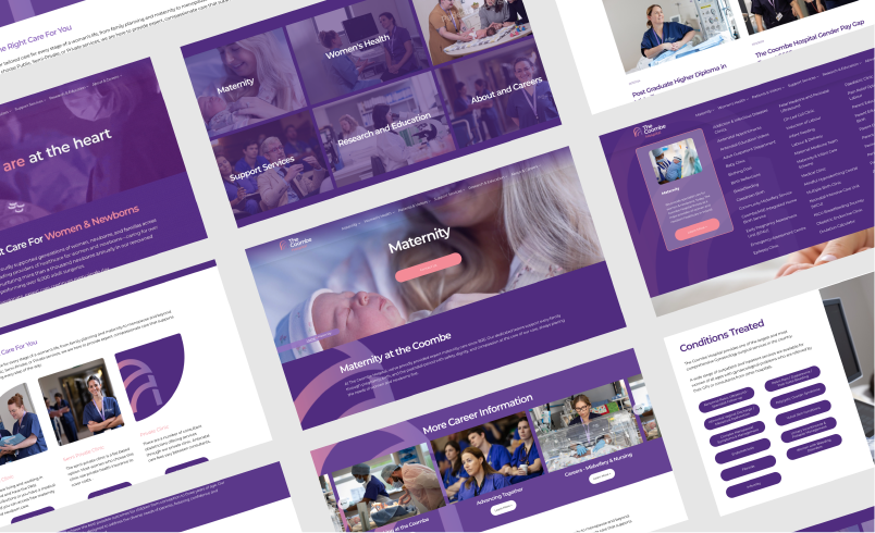 A collage of webpage screenshots for a maternity care service at The Coombe, showing sections about women's health, pregnancy, support services, research, careers, and conditions treated, with a purple and white color scheme.