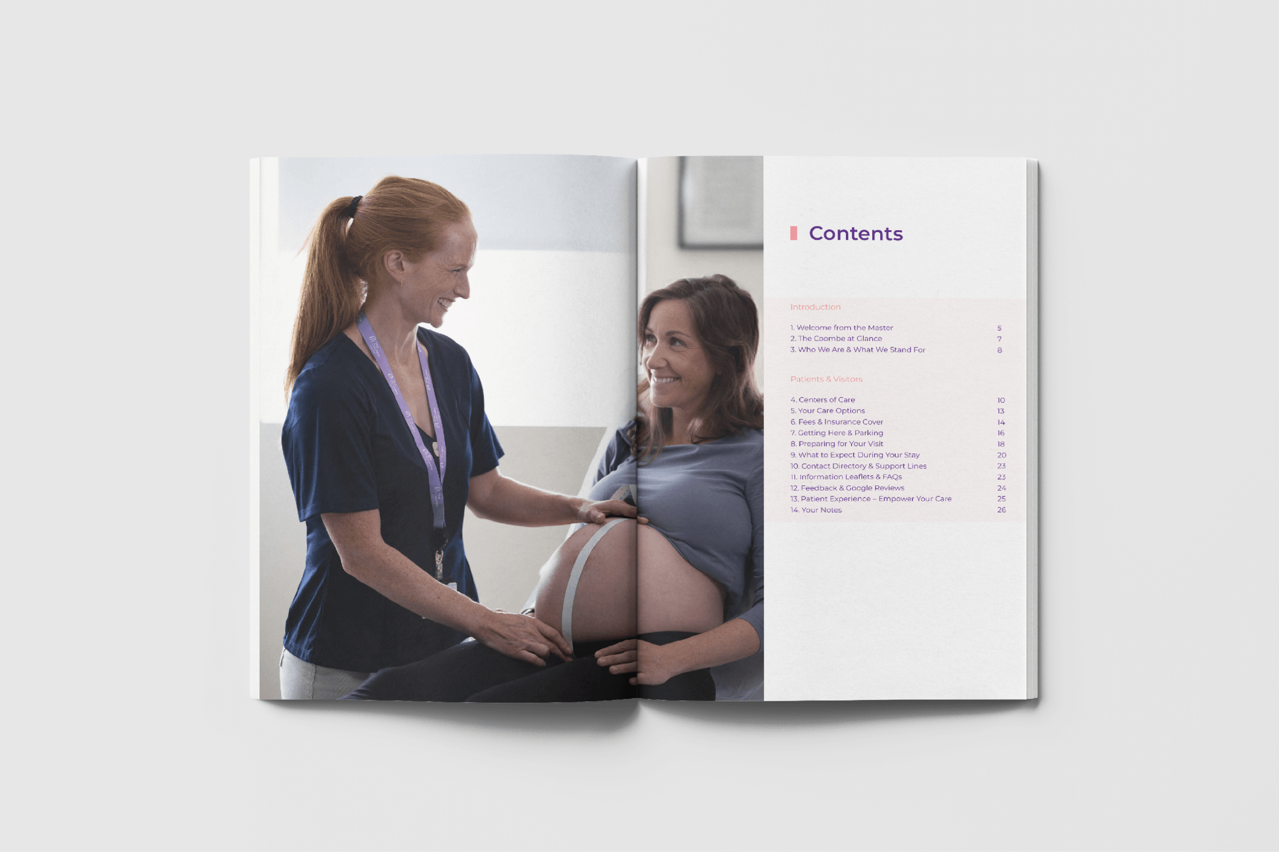 Open booklet showing a photo of a pregnant woman smiling and a nurse, with the nurse touching the woman's belly, and a contents page on the right side.