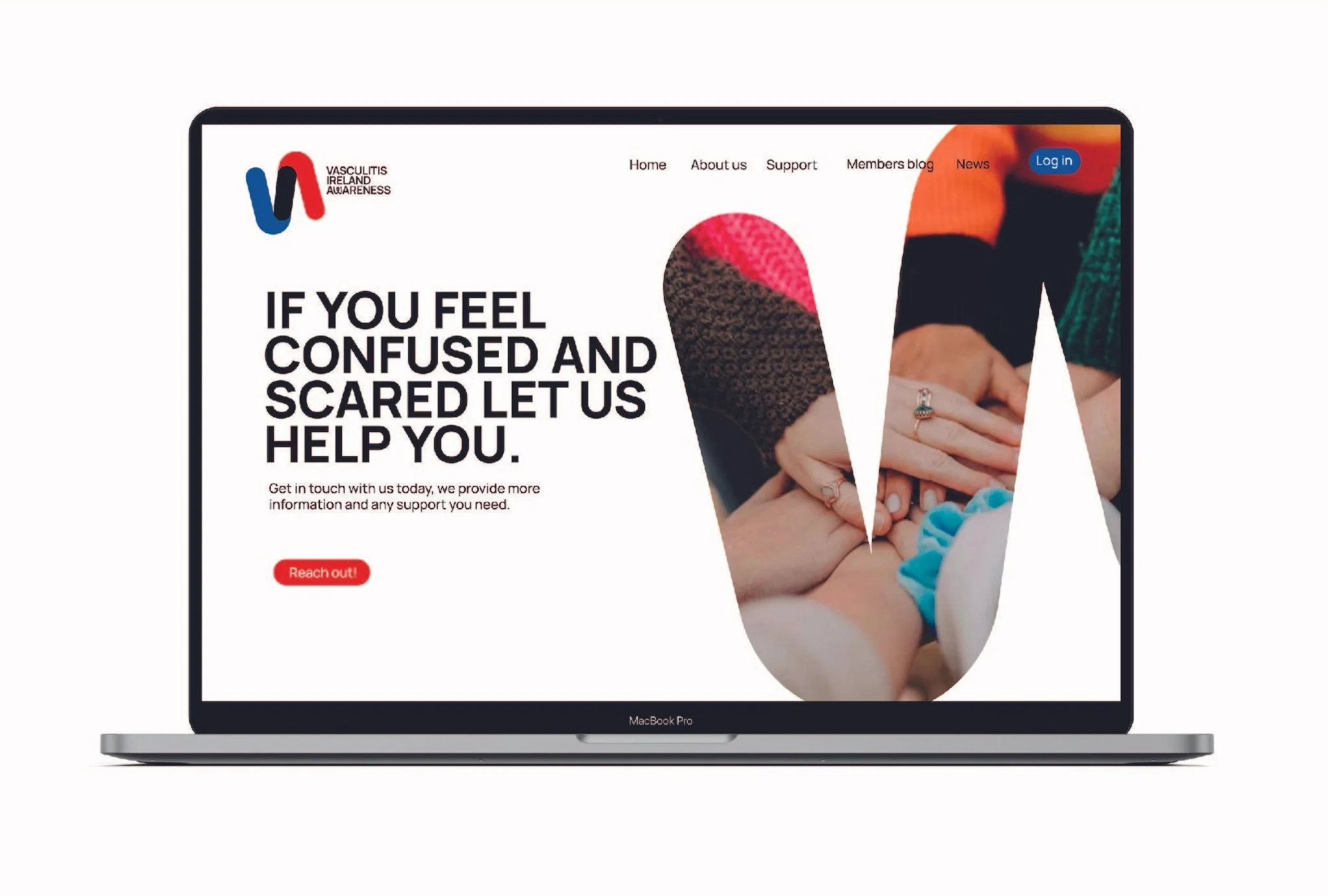 Website homepage for Vesculitis Ireland Awareness with a large letter W overlaying a photo of multiple hands stacked together.