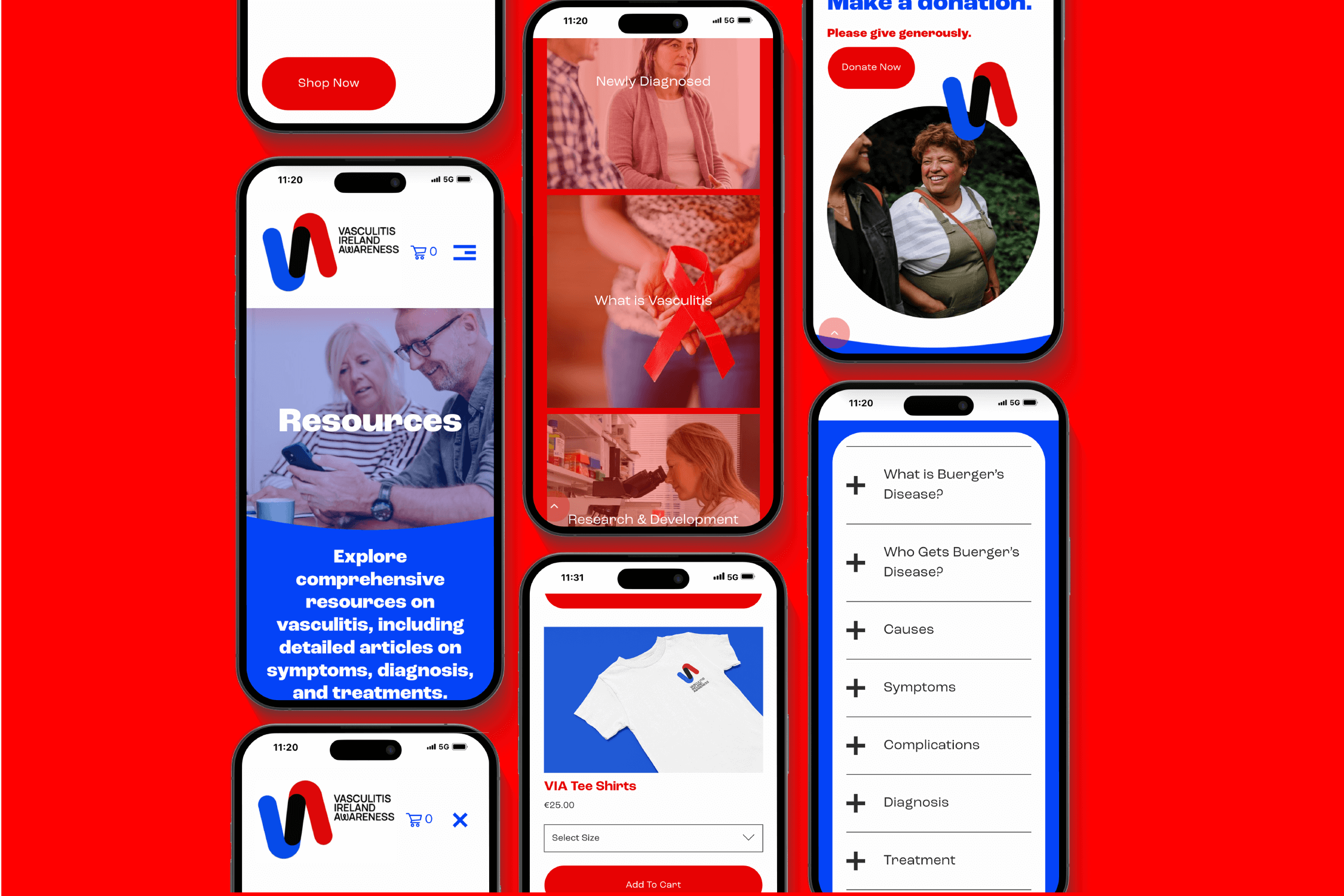 A collage of six mobile phone screens displaying a website about vasculitis awareness, resources, research, and merchandise, with red, white, blue, and black colors.