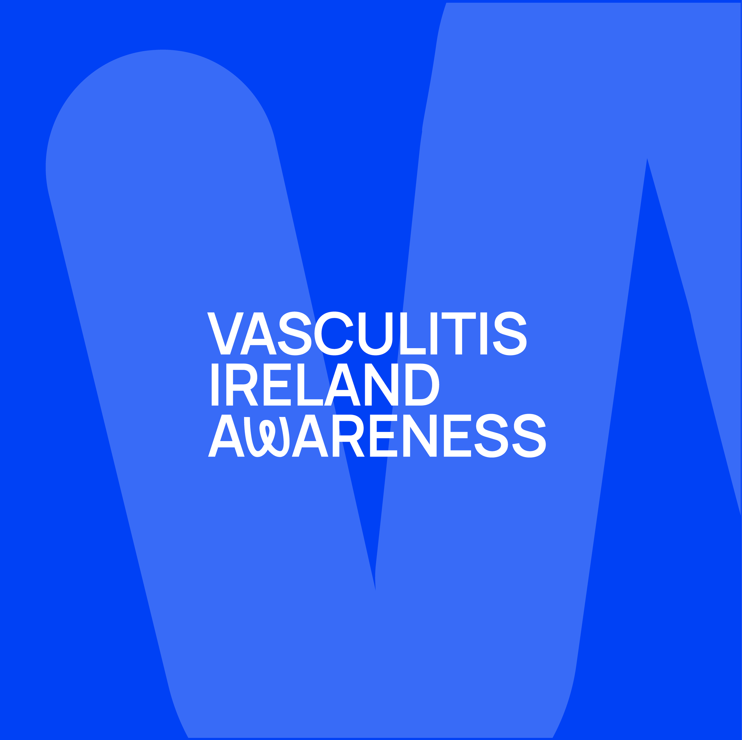 Blue graphic with text reading 'Vasculitis Ireland Awareness' and a large stylized 'V' in the background.
