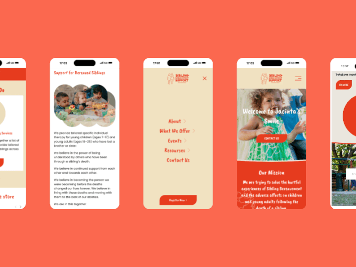 Screenshots of a mobile app or website related to sibling support, with pages about services, about information, offerings, events, resources, contact, and a mission statement, featuring images of children and children with adults.