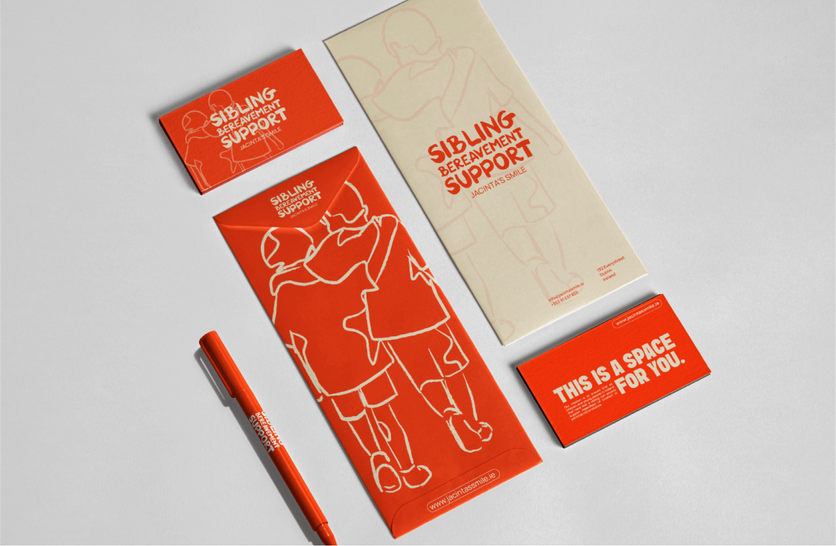 Promotional materials for Sibling Bereavement Support, including a brochure, business cards, a pen, and an informational flyer, all featuring illustrations of children hugging and text in red and white.