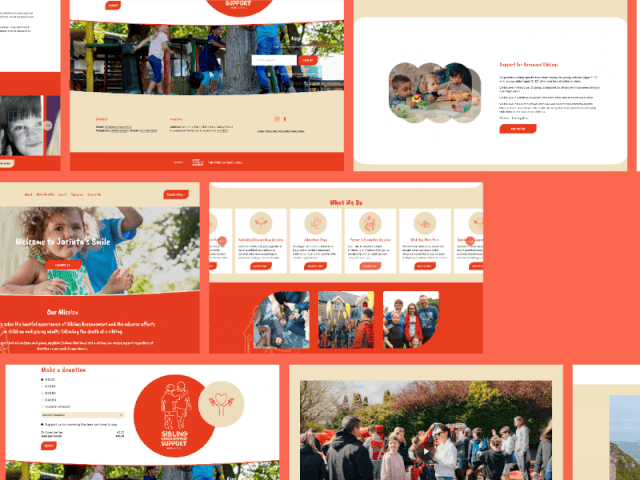 Collage of website pages for a nonprofit organization supporting children, featuring photos of children playing, reading, and participating in activities, with a color scheme of red and beige, and various mission and donation call-to-actions.