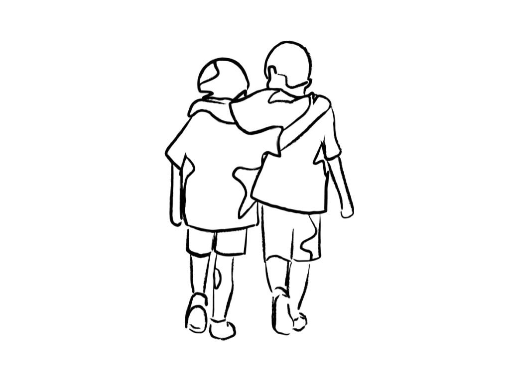 Sketch of two people walking with their arms around each other's shoulders.