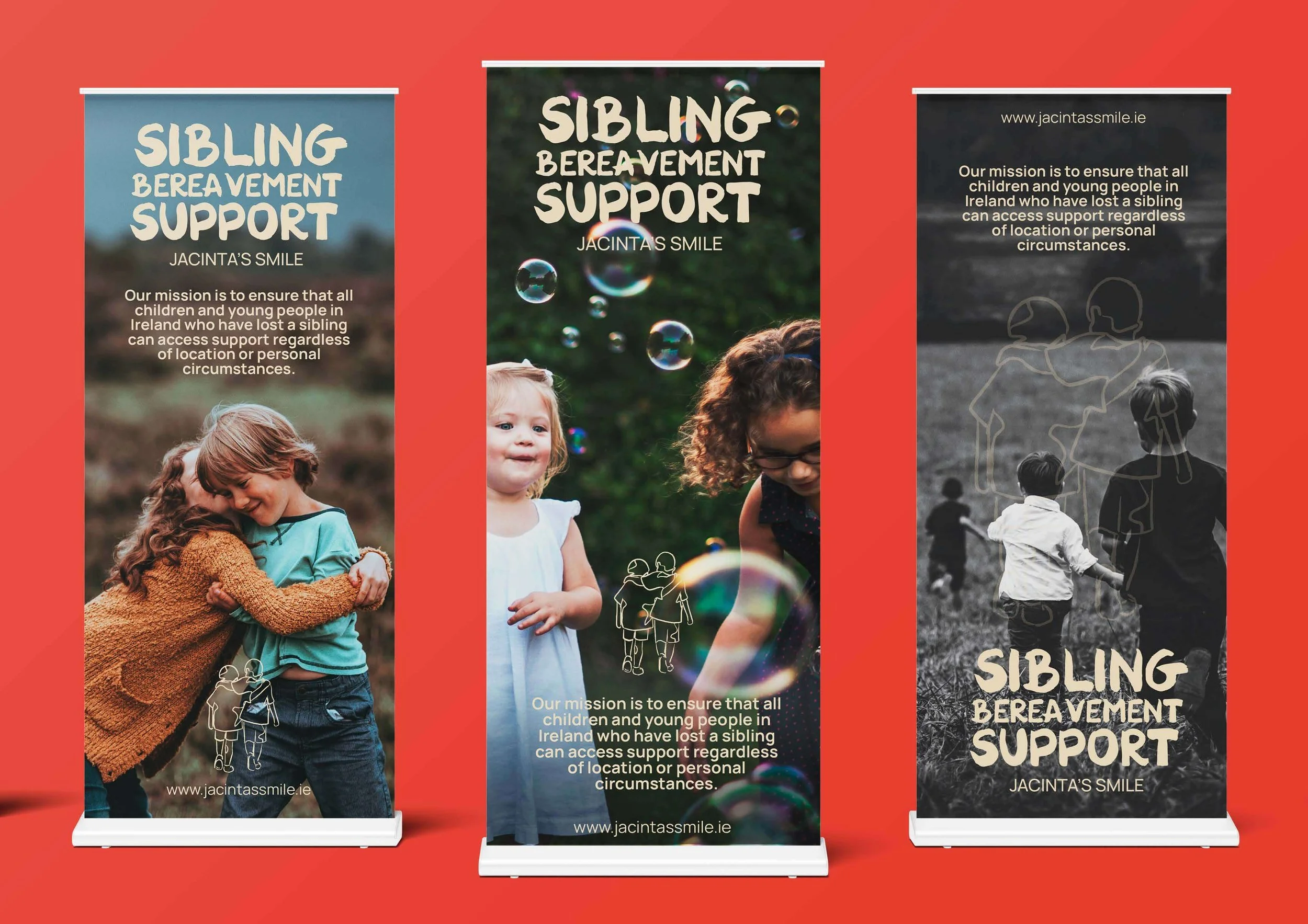 Three vertical banners for Sibling Bereavement Support by Jacinta's Smile. The first shows two children hugging outdoors, the second features two children playing with bubbles, and the third displays two children walking hand-in-hand, with a silhouette outline of people in the background. All banners include the support organization's mission statement.