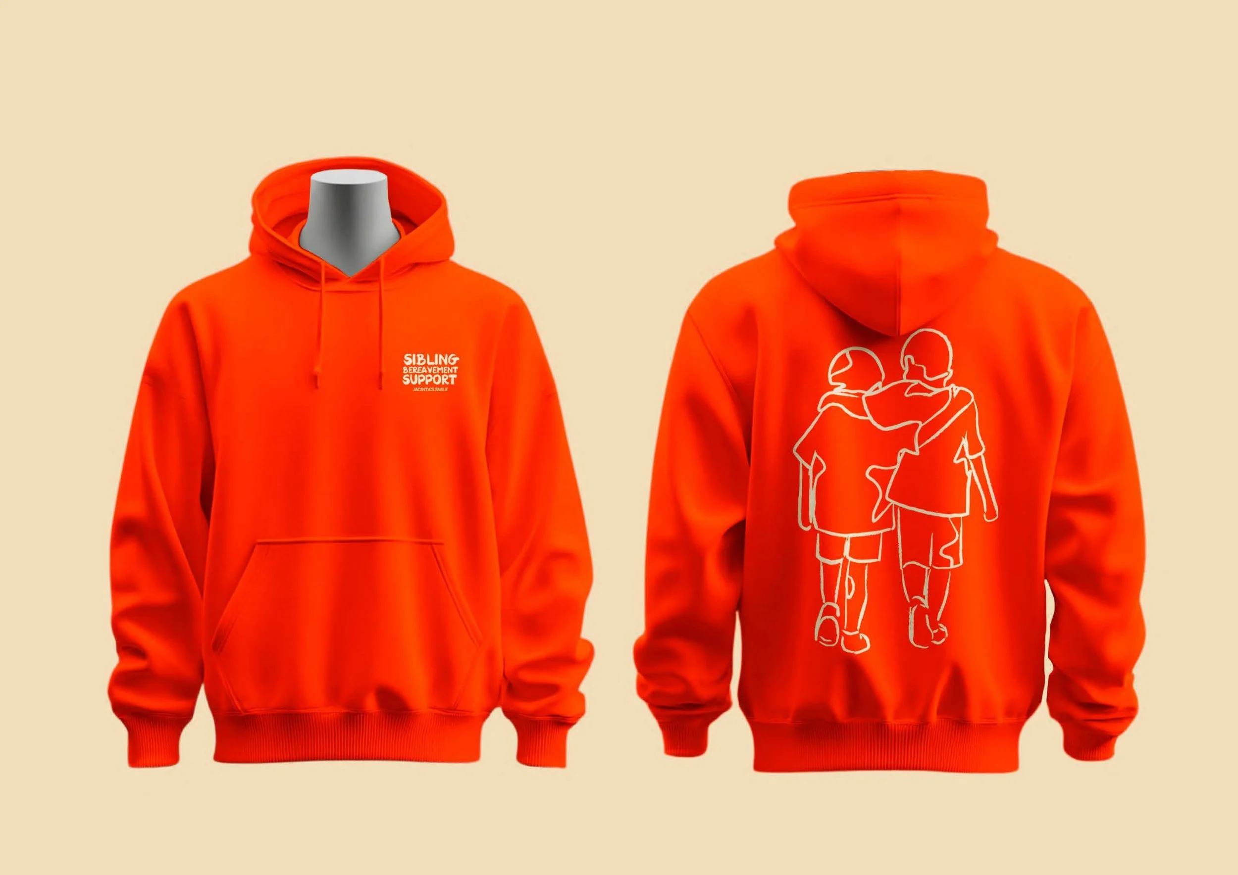 Orange hoodie with 'Sibling Benevolent Support' text on the front and a graphic of two children walking with an arm around each other's shoulders on the back.