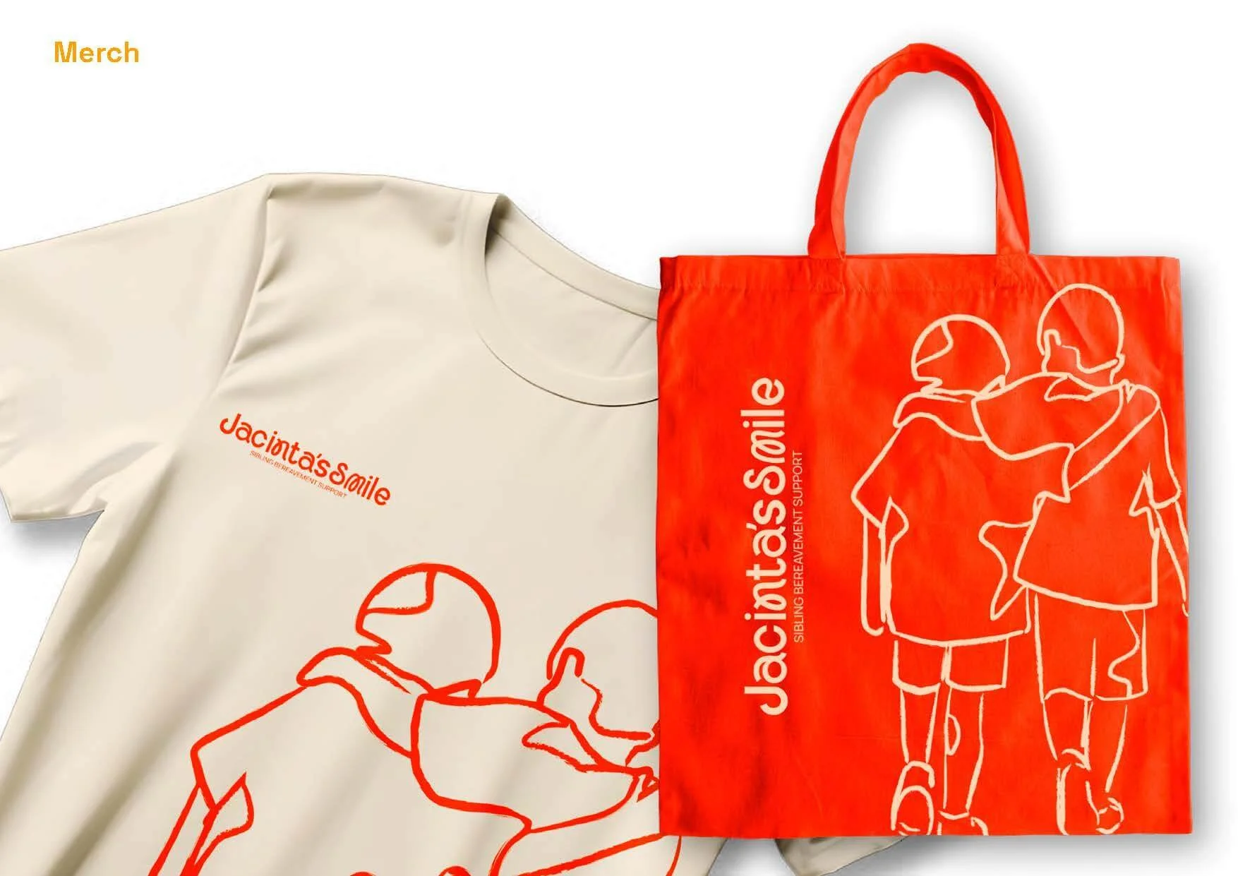 A white t-shirt and an orange tote bag both featuring the same line drawing of two children with their backs turned, walking together with their arms around each other's shoulders. The tote bag has the text "Jácičas Smile" written vertically, and the t-shirt has the same text along with the smaller phrase "SIBLING BEREAVEMENT SUPPORT."