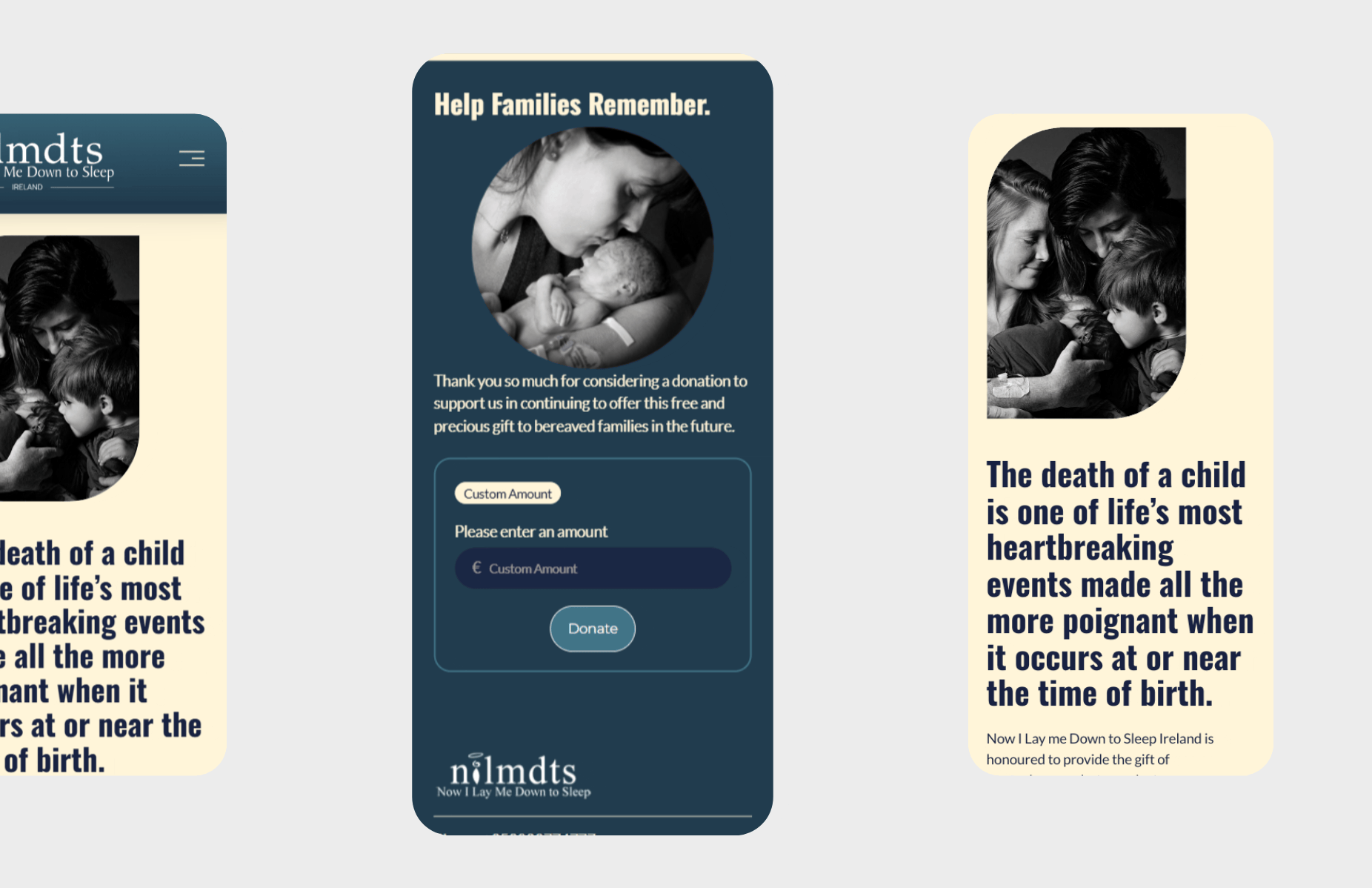 A donation webpage with a dark blue background, a black and white photo of a woman tenderly holding a baby at the top, a message thanking donors, a custom donation amount input field, and a blue donate button. The logo at the bottom reads "Now I Lay Me Down to Sleep."