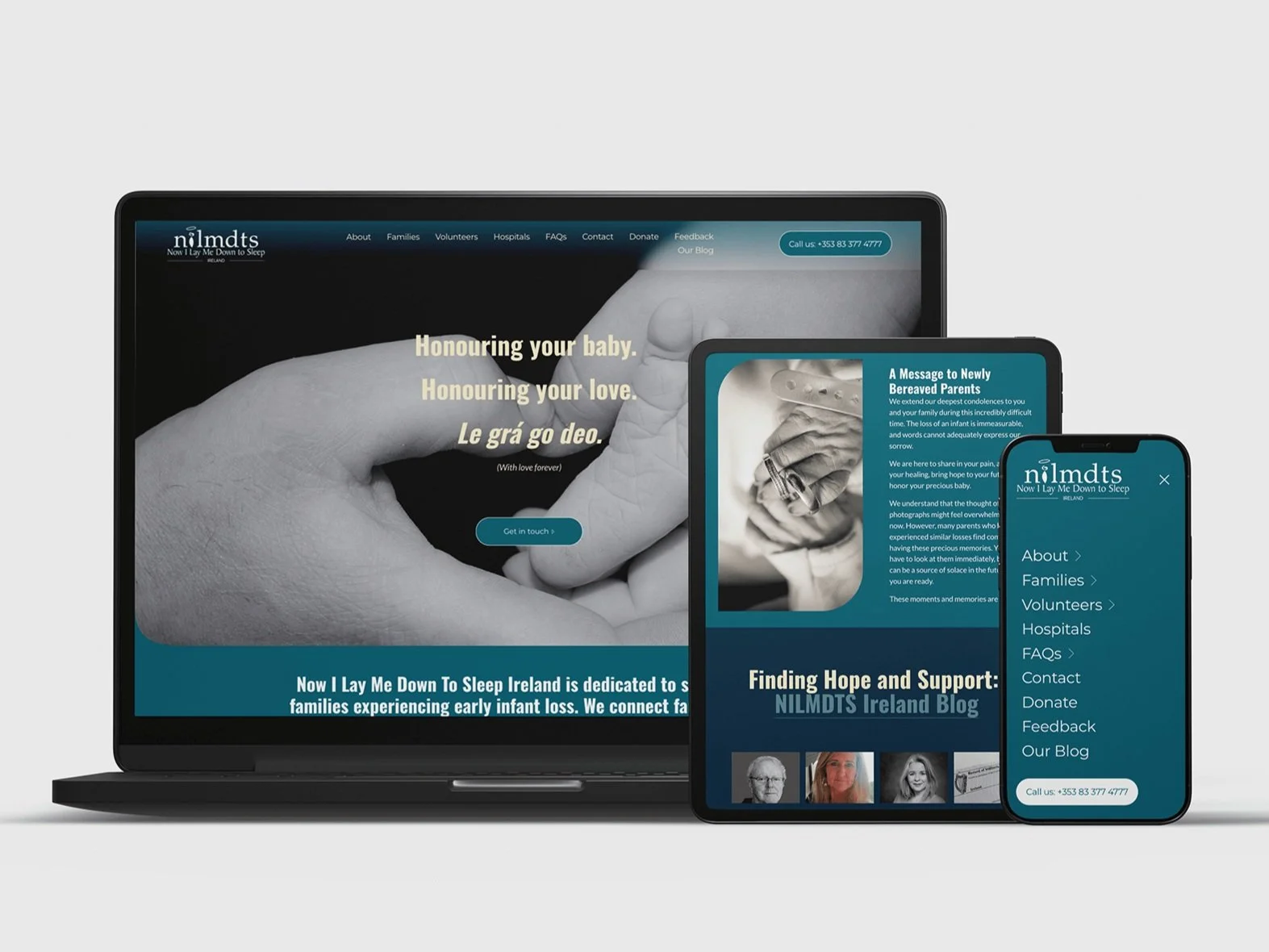 Responsive website layout displayed on a laptop, tablet, and smartphone showing content for NILMDTS, an organization supporting families experiencing early infant loss, including images of a baby and grieving individuals.