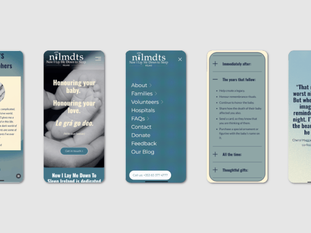 Series of mobile website screens for a peer support organization, featuring menu options, contact information, and inspirational messages.