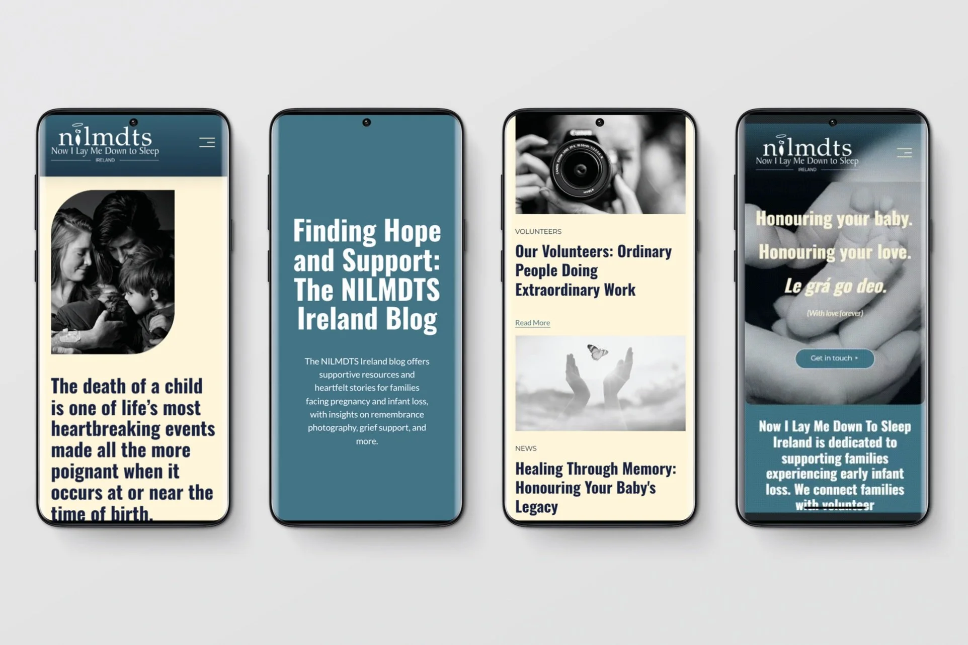 Four smartphones displaying the NILMDTS Ireland website on different screens with text, images, and blog content related to supporting families experiencing infant loss.