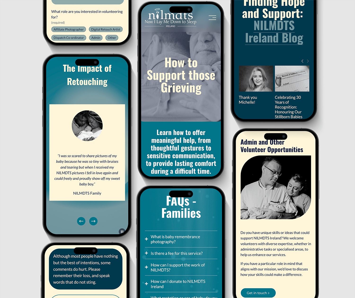 Mobile screens displaying website content for NILMDTS Ireland, including information on supporting grieving families and volunteer opportunities, with images of people and testimonies.