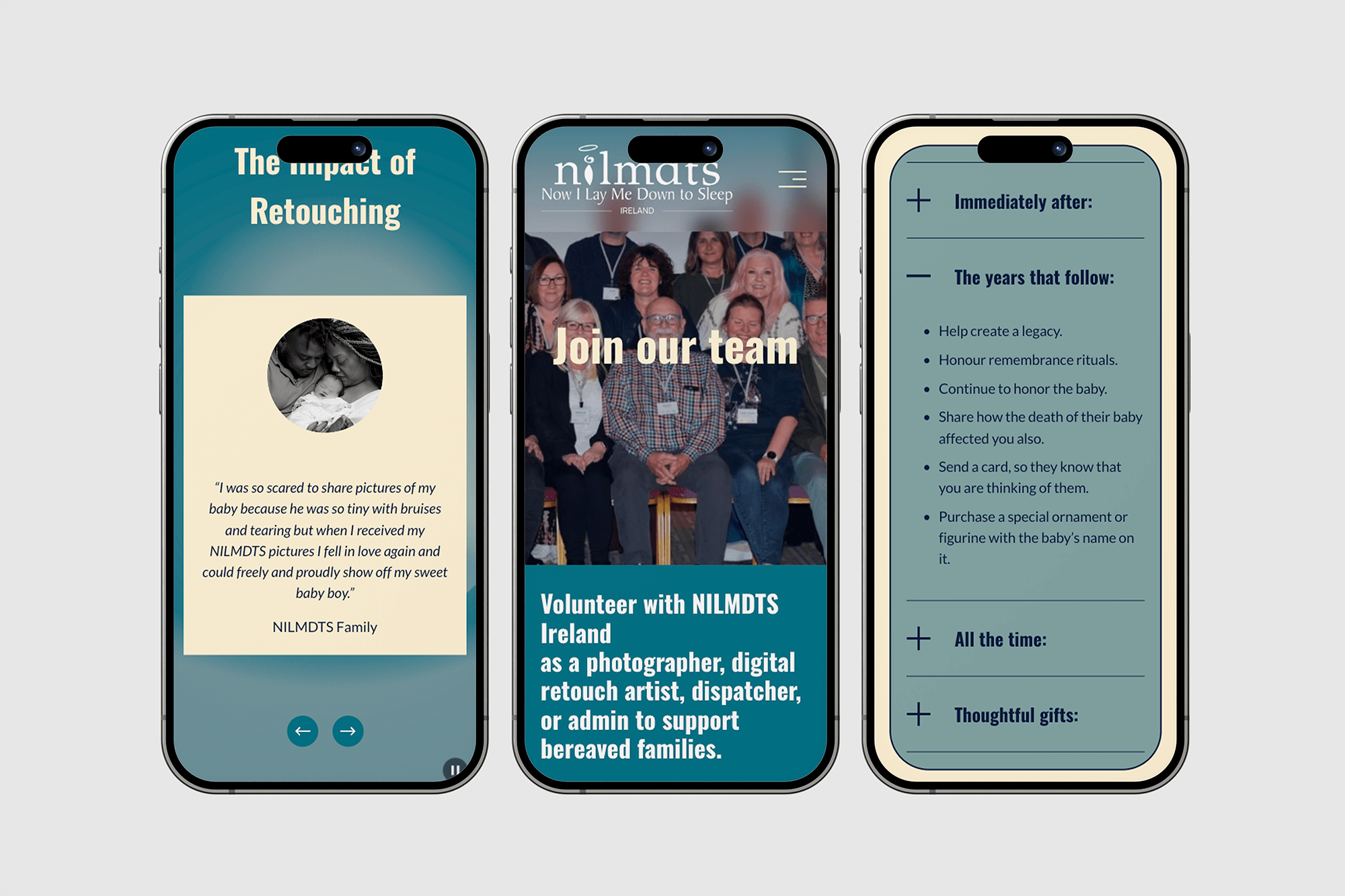 Three smartphones showing different screens of a website related to supporting bereaved families and volunteer work with NILMDTS. The first screen discusses the impact of retouching photos, featuring a quote from a family. The second screen invites users to join their team with a group photo of volunteers. The third screen lists steps on how to honor baby deceased memories, including creating a legacy, remembrance rituals, and thoughtful gifts.