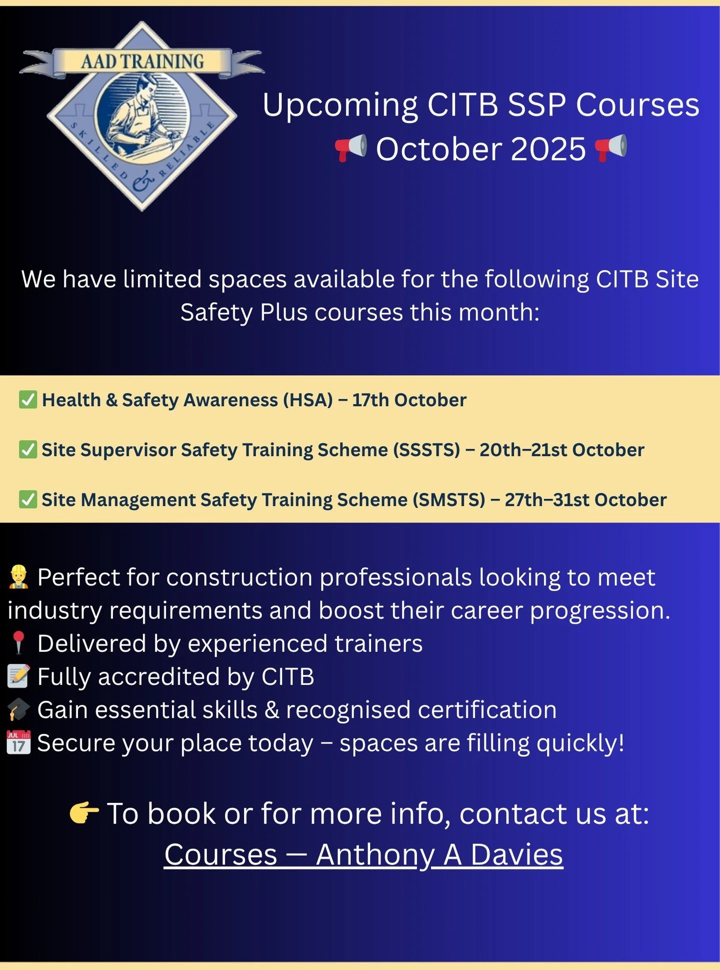 BOOK TODAY📅👷&zwj;♂️🦺

Visit our website www.anthonyadavies.co.uk to enquire about the courses we have running this month and in the near future.

Our friendly team will be happy to help with any queries you have: 
📞01873855886 
💻enquiries@anthon