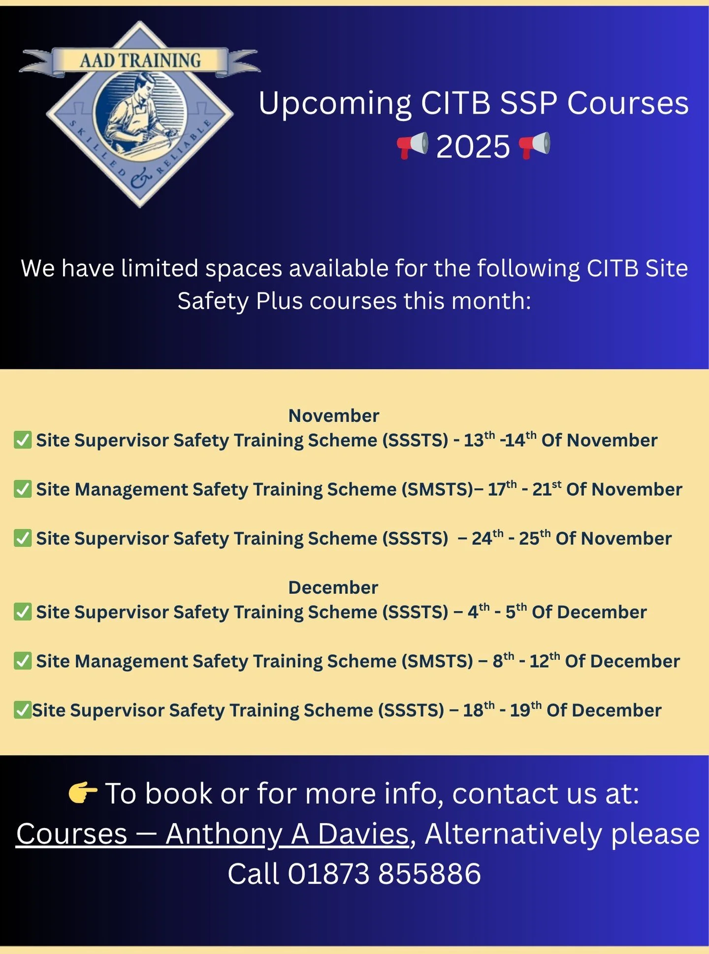 🚧 New CITB SSP Training Dates Announced! 🚧
Whether you&rsquo;re looking to refresh your skills or gain essential safety qualifications, now&rsquo;s the perfect time to book your spot.
📅 Courses include:
✅ SMSTS
✅ SSSTS
✅ HSA
Spaces fill up fast &m
